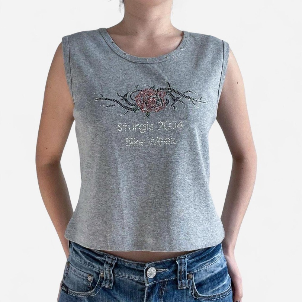 Vintage Biker Bedazzled‎ Grey Tank - Picture 3 of 7